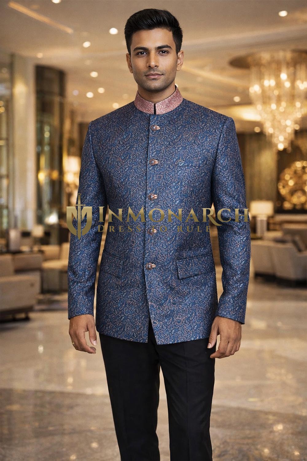 Mens Printed Blue Jodhpuri Suit 2pc Designer Wedding Party Outfit