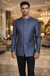 Mens Printed Blue Jodhpuri Suit 2pc Designer Wedding Party Outfit