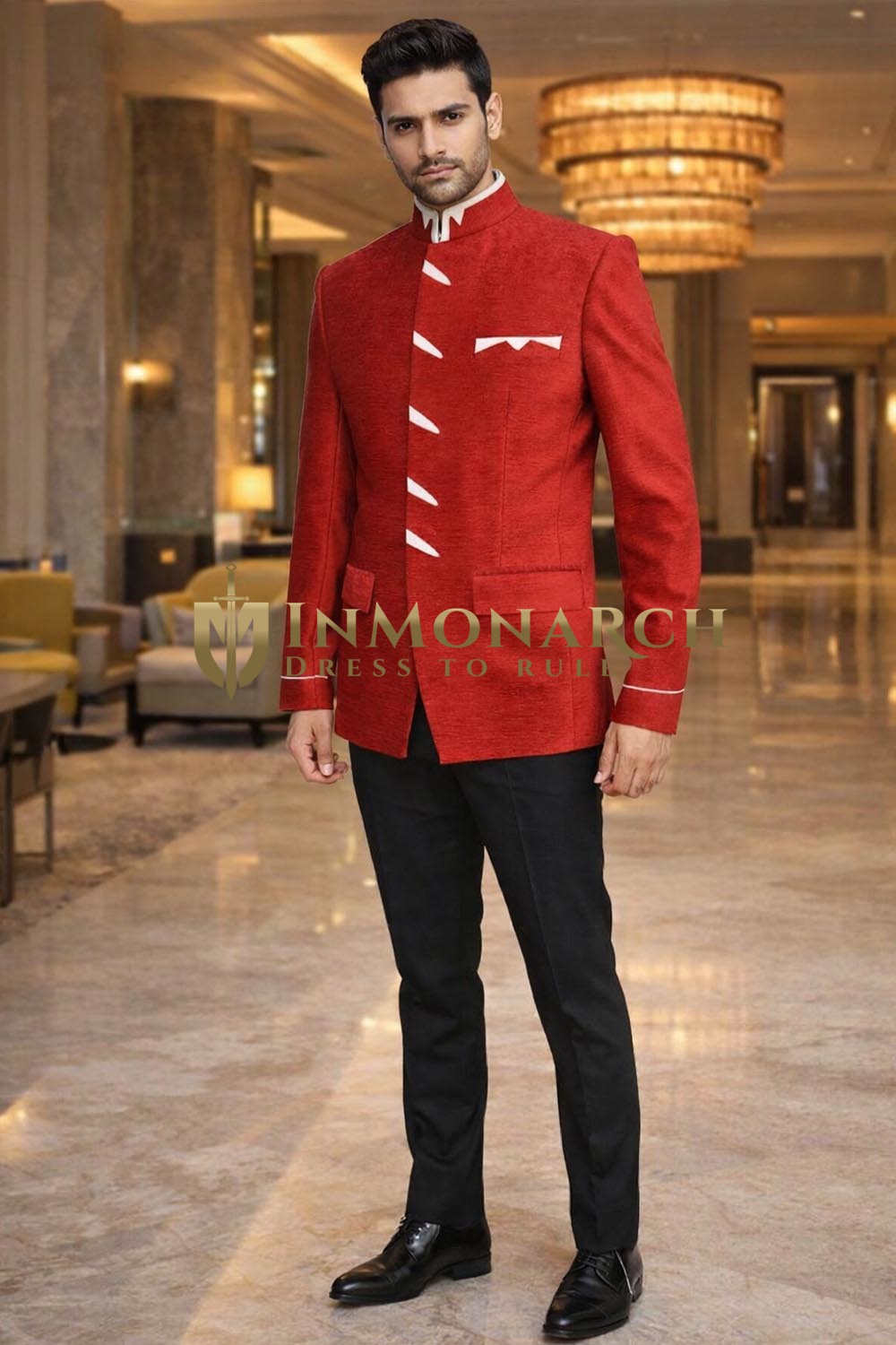 Mens Red Velvet Jodhpuri Suit 2pc White Collar Wedding Party Outfit