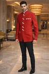 Mens Red Velvet Jodhpuri Suit 2pc White Collar Wedding Party Outfit