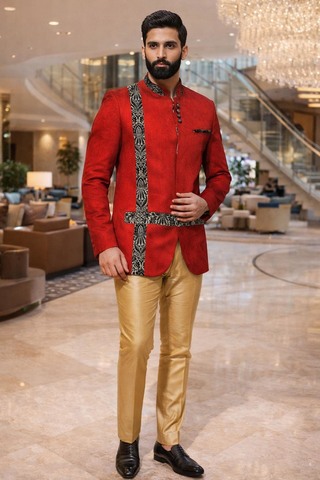 Traje jodhpuri rojo terciopelo brocado