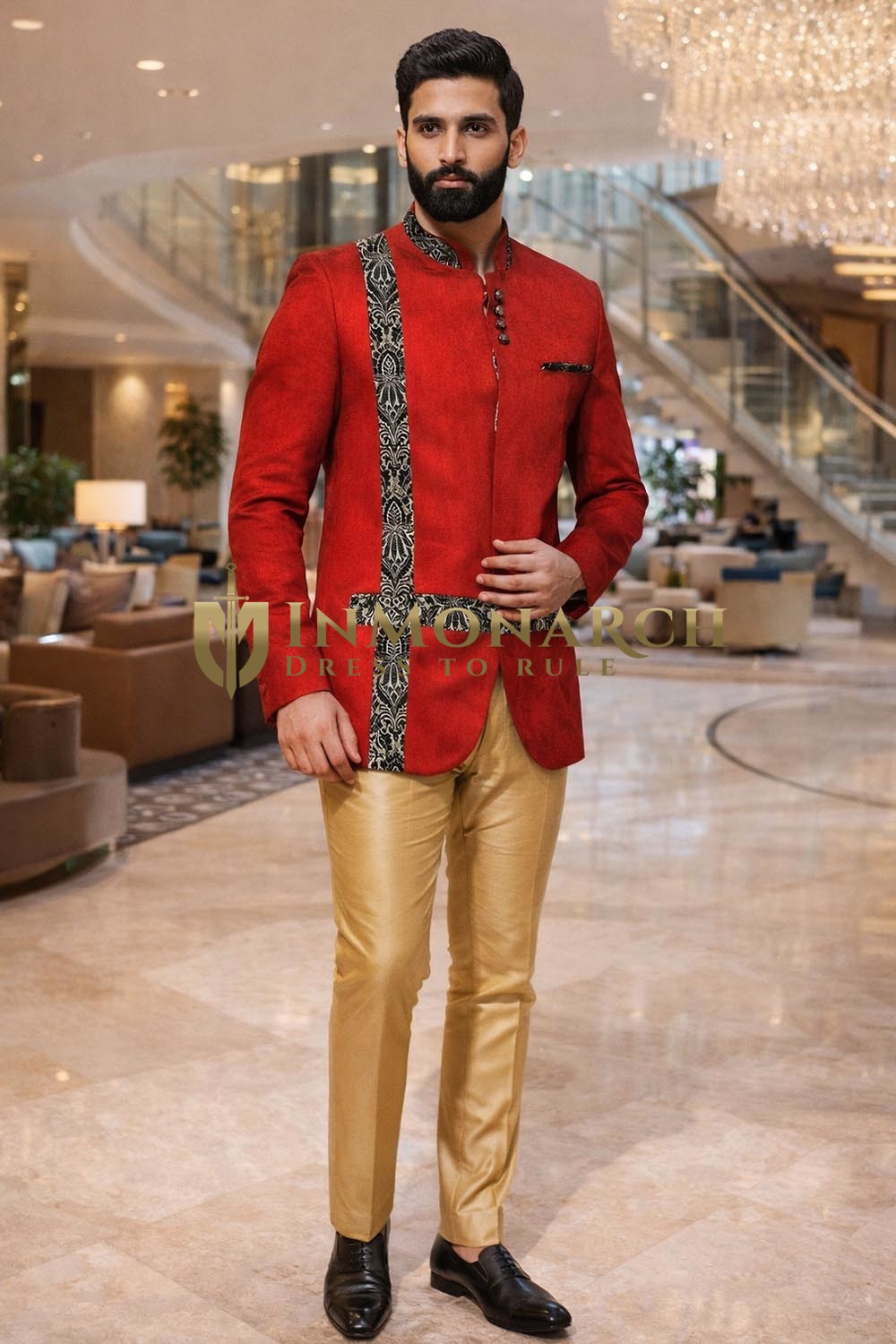 Traje jodhpuri rojo terciopelo brocado
