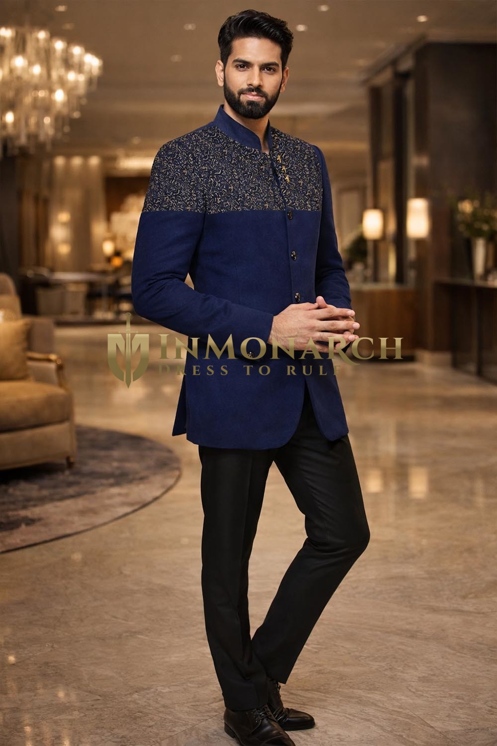 Costume jodhpuri bleu marine velours