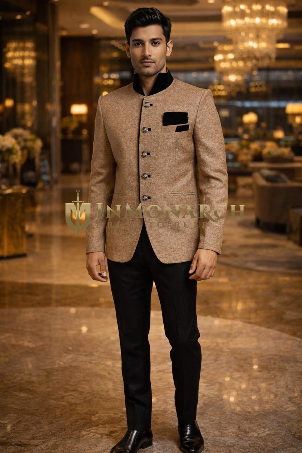 Mens Beige Jute Black Velvet Collar Jodhpuri Suit 3pc Wedding Outfit