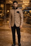 Mens Beige Jute Black Velvet Collar Jodhpuri Suit 3pc Wedding Outfit