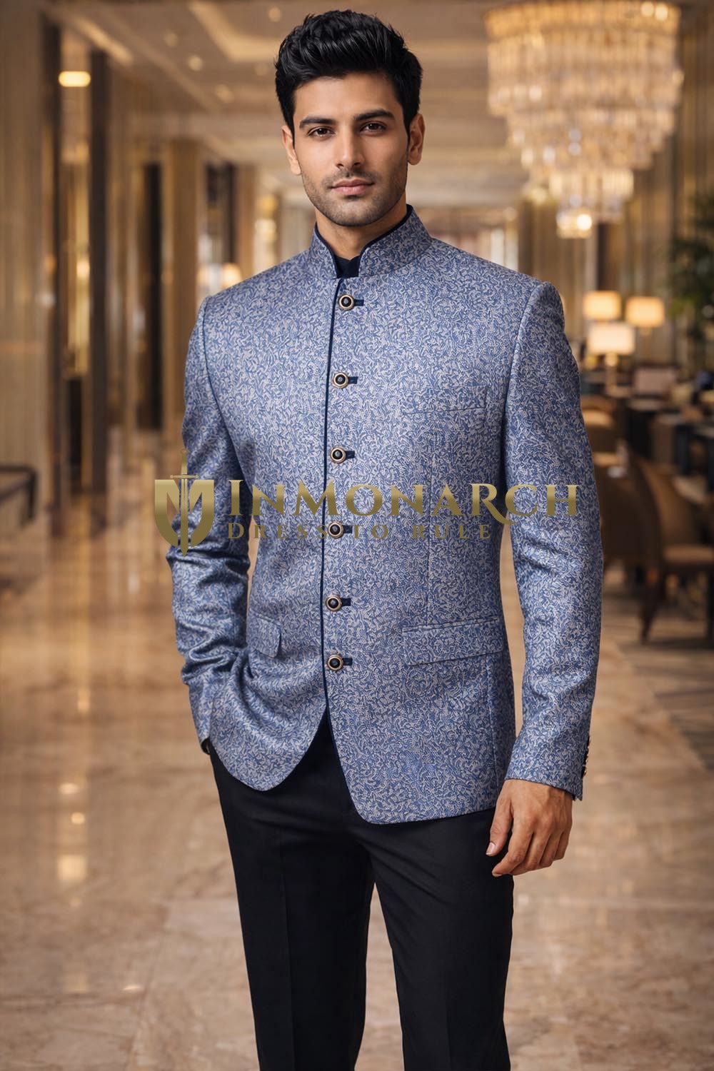 Mens Blue Printed Jodhpuri Suit 2pc with Black Trousers