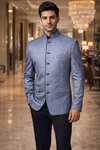 Mens Blue Printed Jodhpuri Suit 2pc with Black Trousers