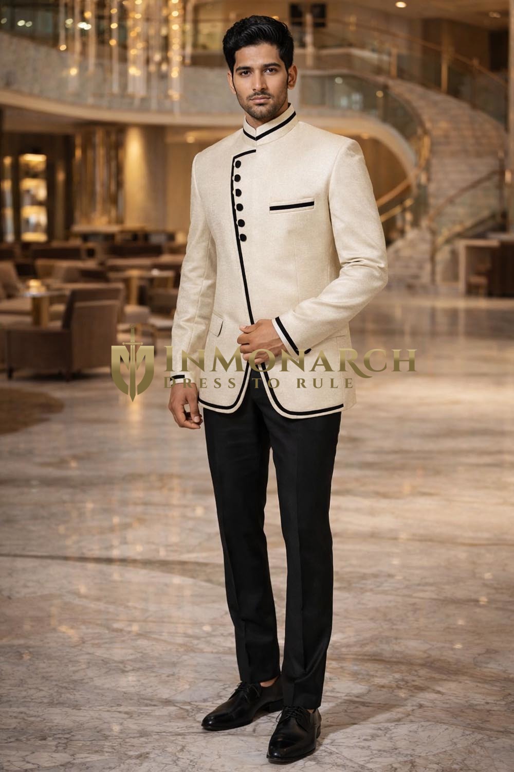 Mens Ivory Jute Jodhpuri Suit 2pc with Black Trousers