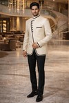 Mens Ivory Jute Jodhpuri Suit 2pc with Black Trousers