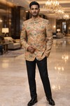 Mens Burlywood Floral Jodhpuri Suit 2pc Nehru Collar Wedding Outfit Black