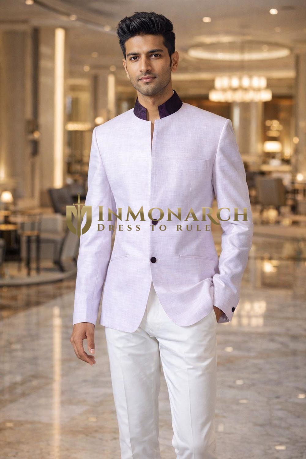 Mens Lavender Linen Jodhpuri Suit 2pc Nehru Collar Wedding Outfit White