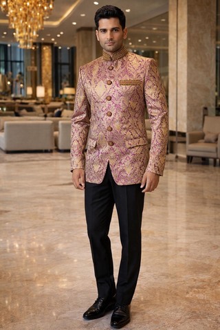 Traje Jodhpuri morado bordado cuello