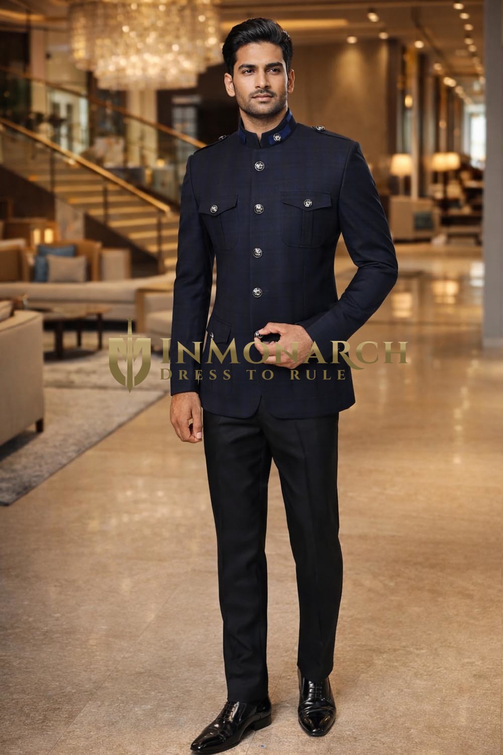 Mens Navy Blue Jodhpuri Suit 2pc Self Design Wedding Outfit Black Pant