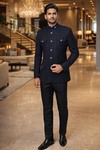 Mens Navy Blue Jodhpuri Suit 2pc Self Design Wedding Outfit Black Pant