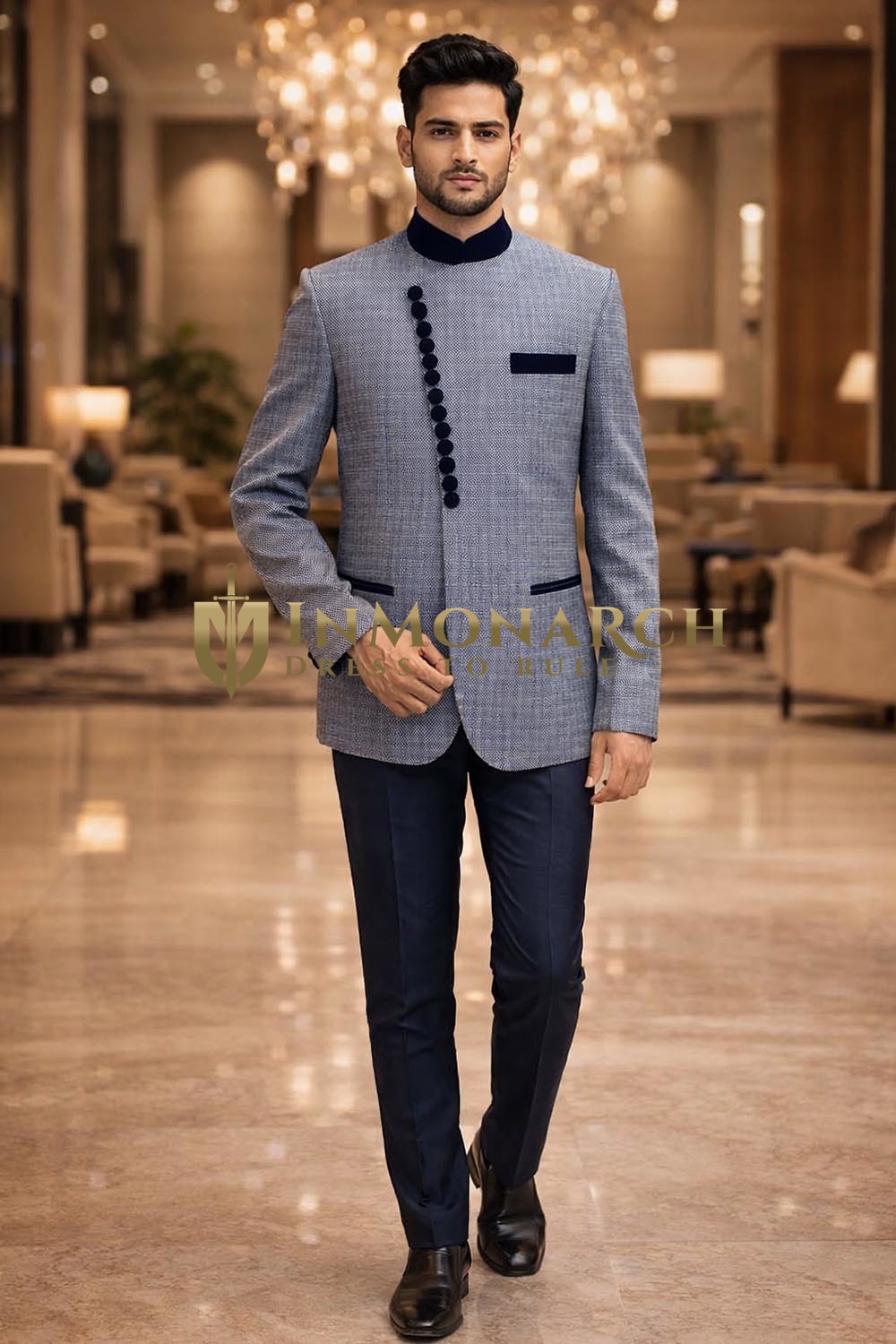 Mens Stormy Angrakha Jodhpuri Suit 2pc Concealed Button Wedding Blue
