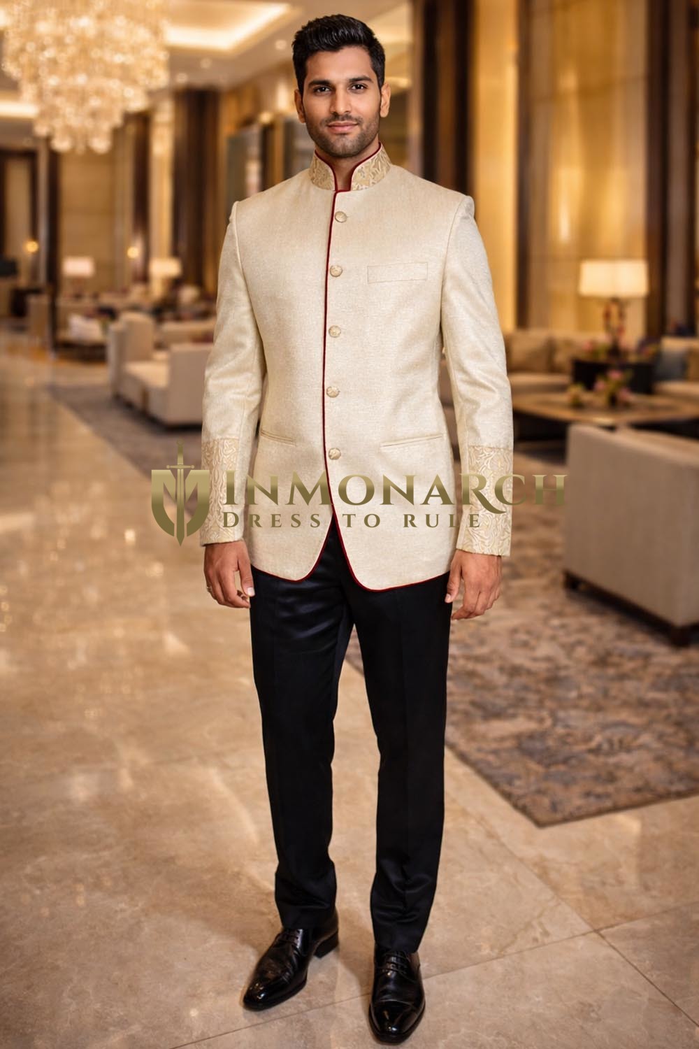 Mens Cream Jute Jodhpuri Suit 2pc Red Piping Wedding Outfit Black Pant