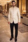 Mens Cream Jute Jodhpuri Suit 2pc Red Piping Wedding Outfit Black Pant
