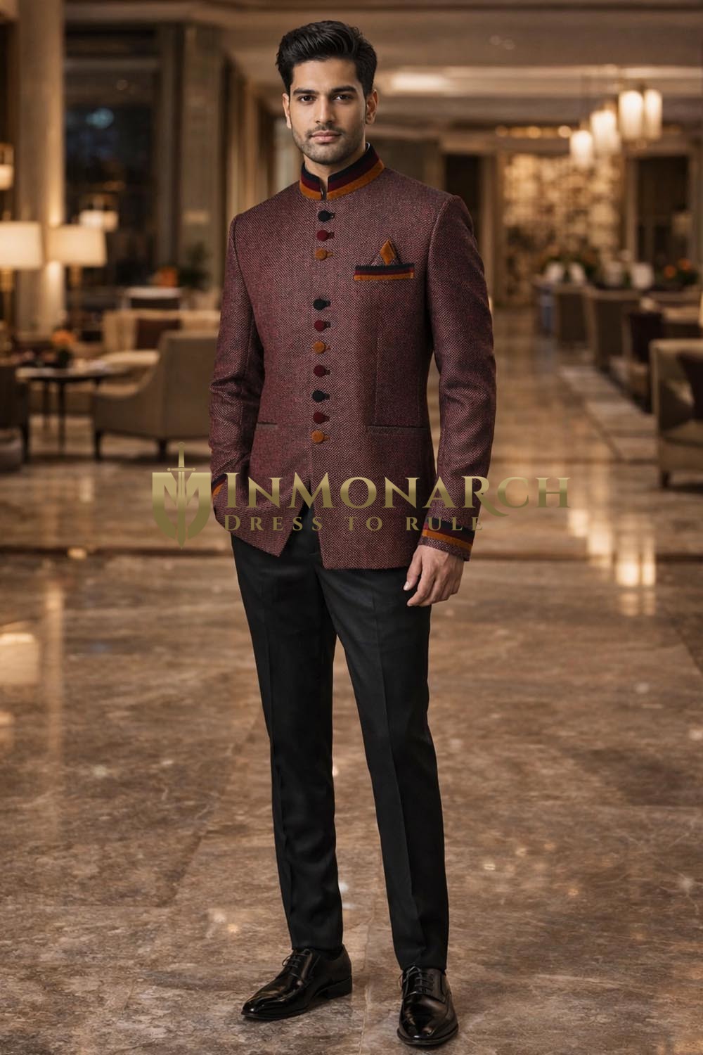 Mens Burgundy 3 Piece Jodhpuri Suit Velvet Collar Wedding Outfit Black