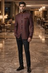 Mens Burgundy 3 Piece Jodhpuri Suit Velvet Collar Wedding Outfit Black