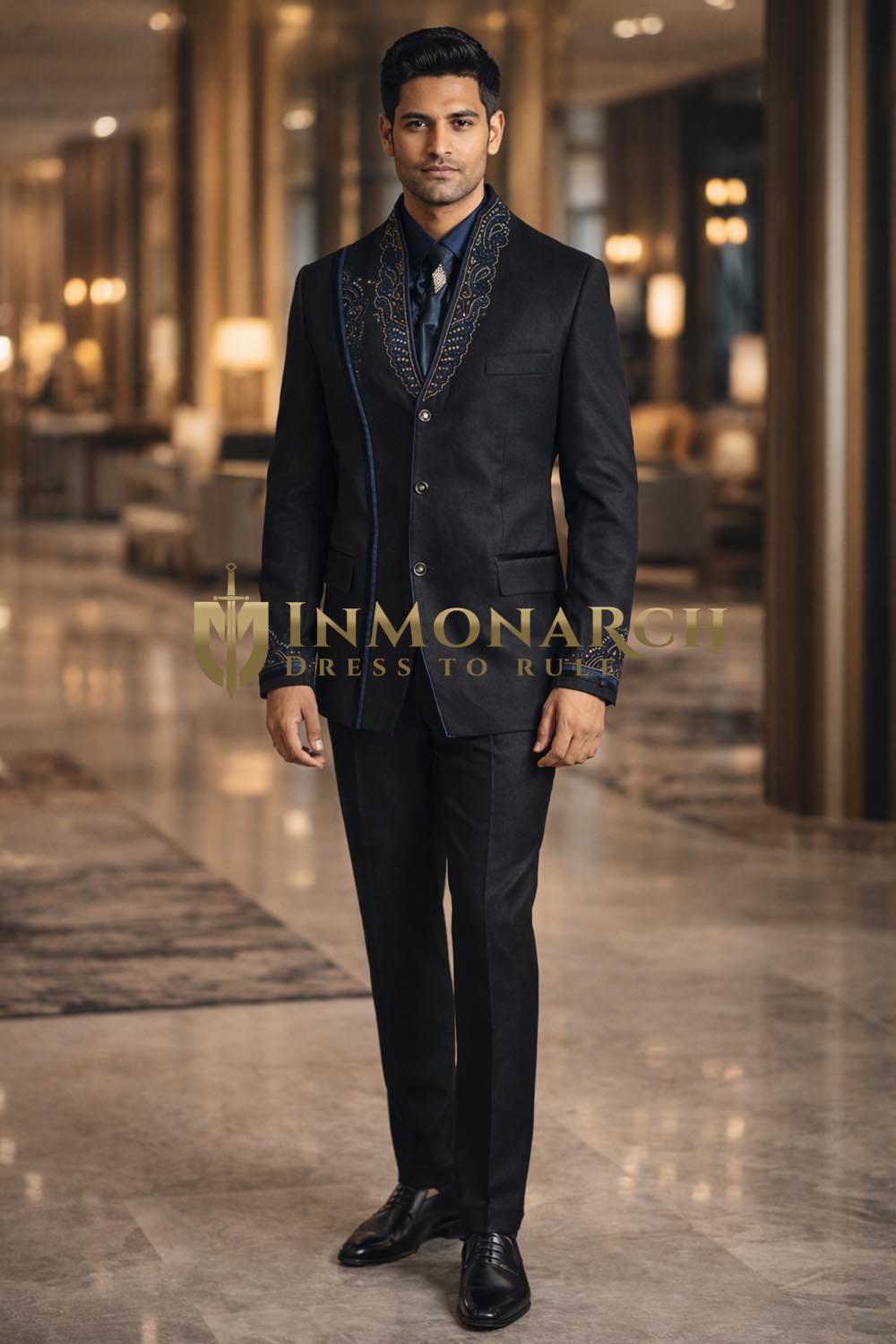 Mens Black 5 Piece Jodhpuri Suit Hand Embroidered Wedding Outfit Formal