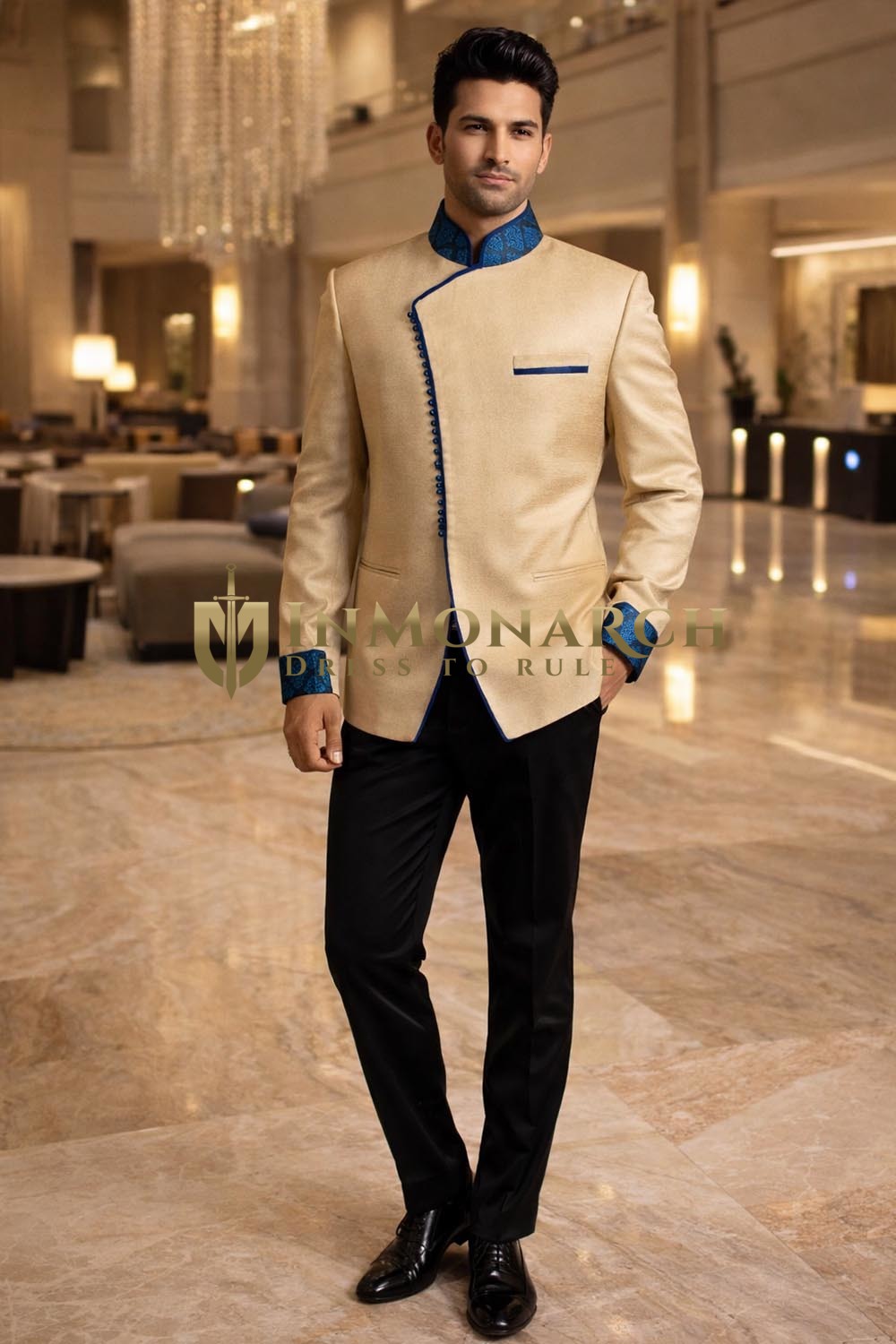 Traje Jodhpuri amarillo tipo angrakha