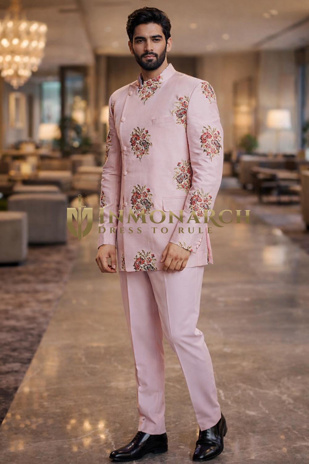 Mens Plum Embroidered Jodhpuri Suit 2pc Mandarin Wedding Outfit Pant