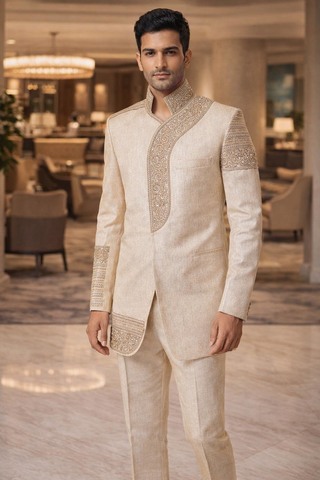 Traje Jodhpuri lino beige bordado
