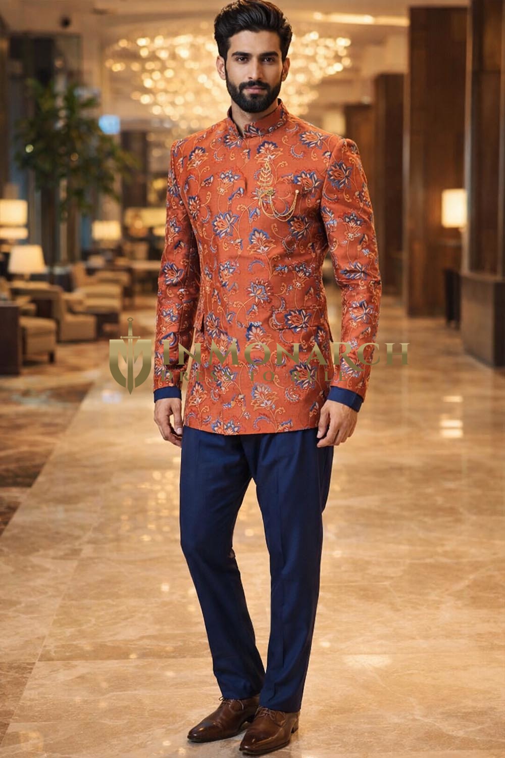 Mens Red Embroidered Jodhpuri Suit 3pc Wedding Outfit Blue Trouser