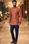 Mens Red Embroidered Jodhpuri Suit 3pc Wedding Outfit Blue Trouser