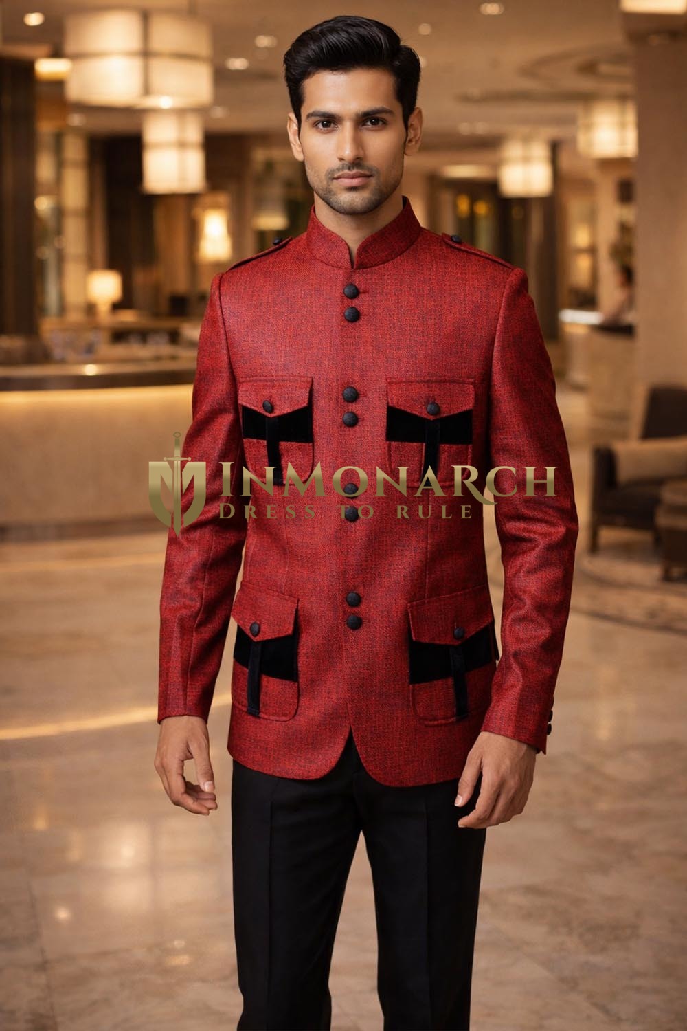 Mens Crimson Red Jodhpuri Suit 2pc 8 Button Wedding Outfit Trouser
