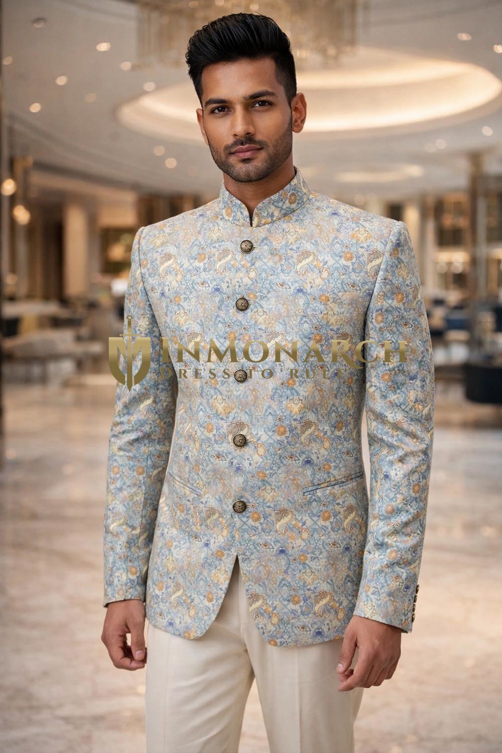 Mens Sky Blue Paisley Jodhpuri Suit 2pc Mandarin Wedding Outfit Cream
