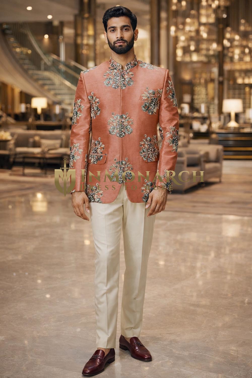 Mens Salmon Embroidered Jodhpuri Suit 2pc Mandarin Wedding Outfit