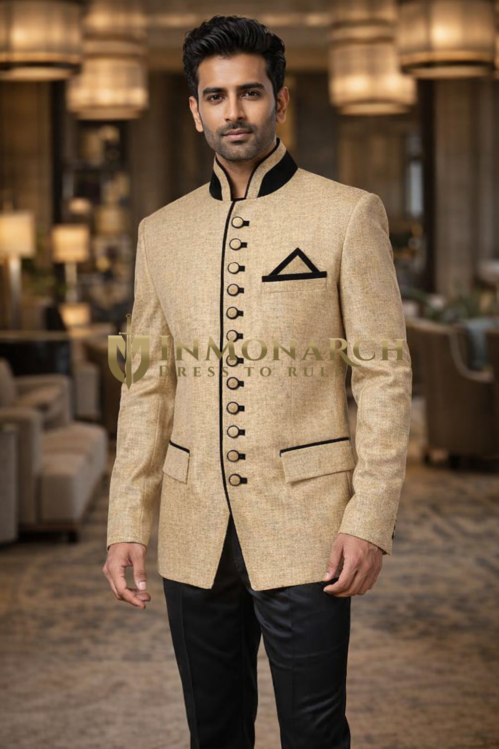 Mens Beige Jute Jodhpuri Suit 3pc Black Velvet Piping Wedding
