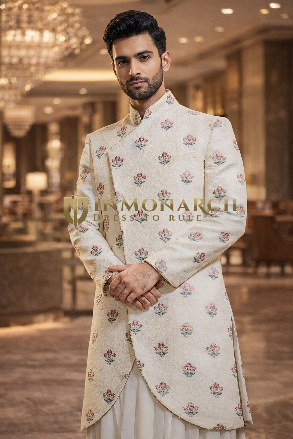 Mens Cream Angrakha Jodhpuri Suit 3pc Embroidered Wedding Set