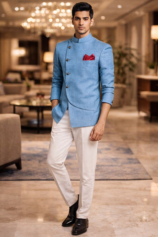 Himmelblauer Jodhpuri Anzug Angrakha Stil