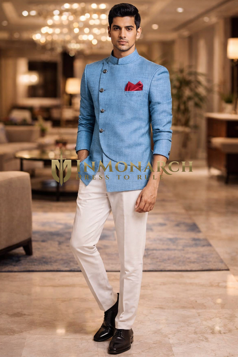 Himmelblauer Jodhpuri Anzug Angrakha Stil