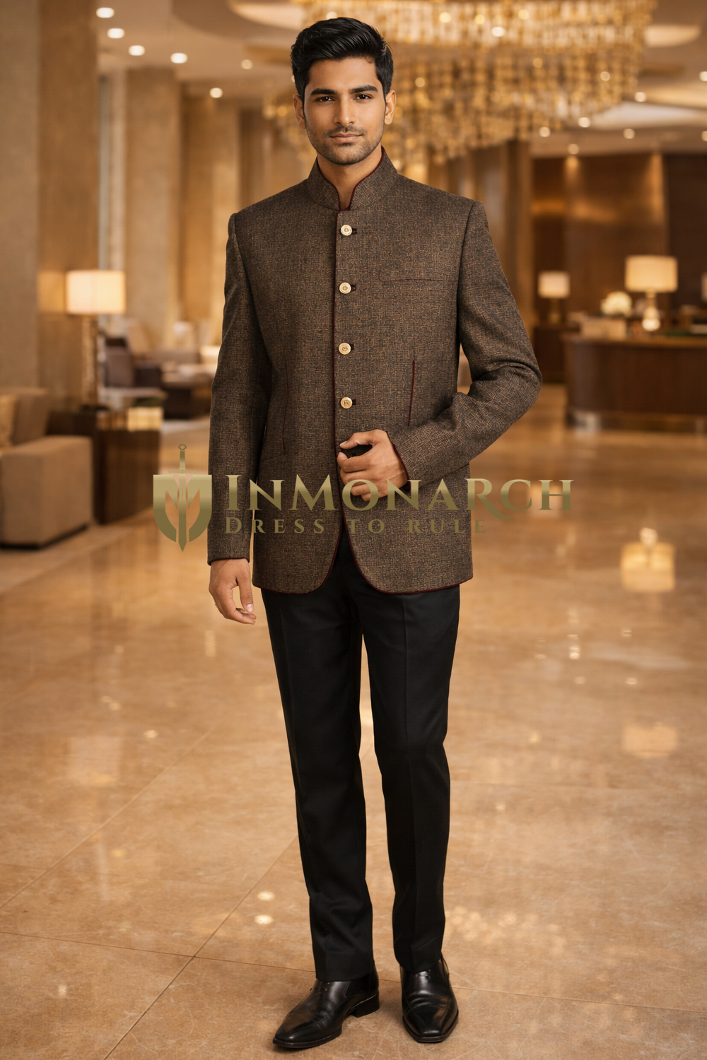 Mens Dark Brown Jodhpuri Suit 2pc Maroon Velvet Piping Wedding