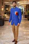Traje jodhpuri azul bolsillos dorado