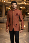 Mens Copper Jodhpuri Suit 3pc with Black Velvet Piping