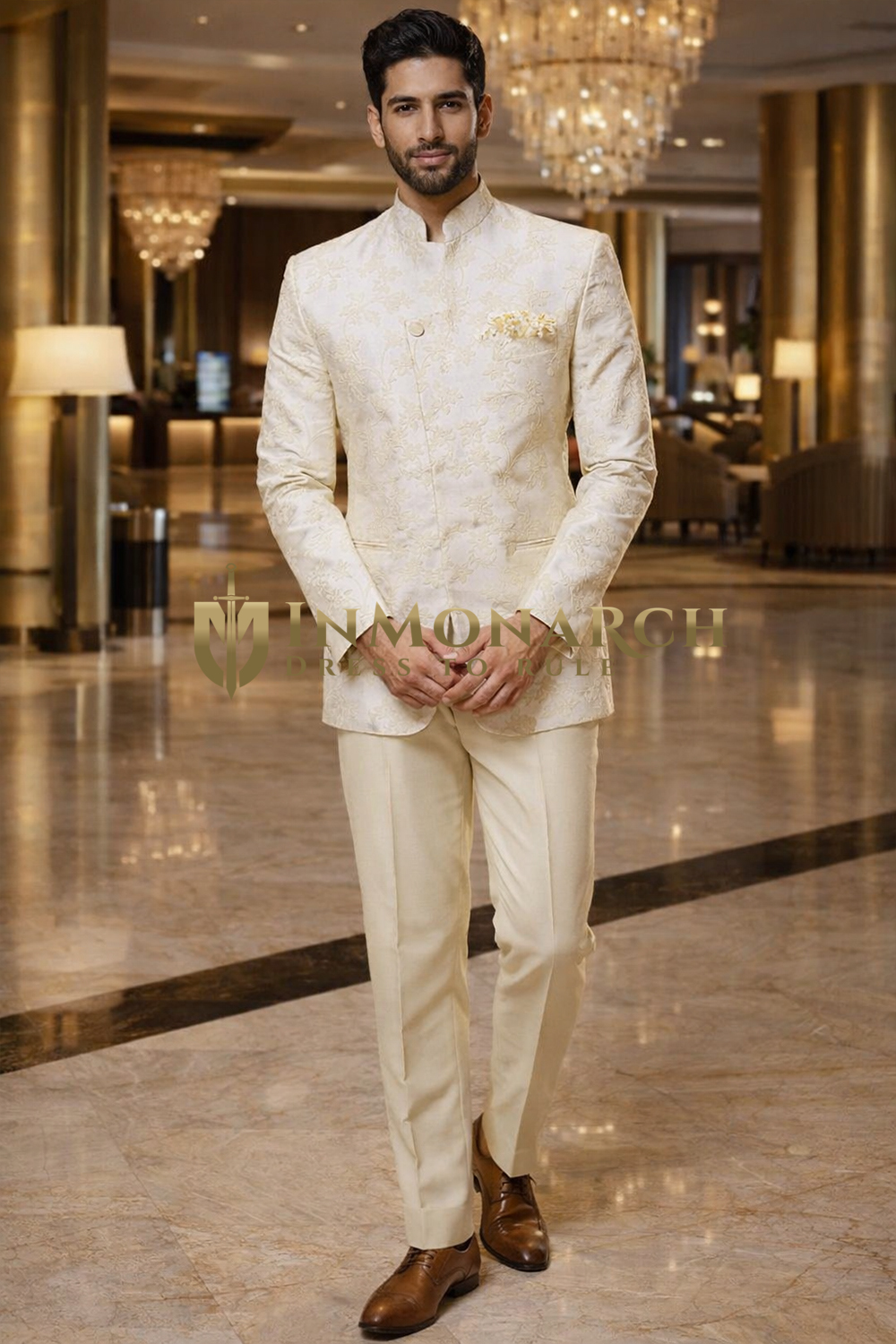 Mens Cream Embroidered Jodhpuri Suit 3pc Wedding Wear