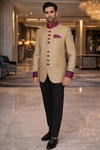 Mens Beige Jodhpuri Suit 3pc with Patch Collar & Cuffs