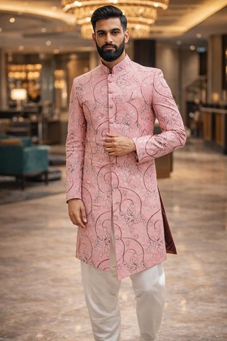 Traje Jodhpuri Bordado Hilo Rosa
