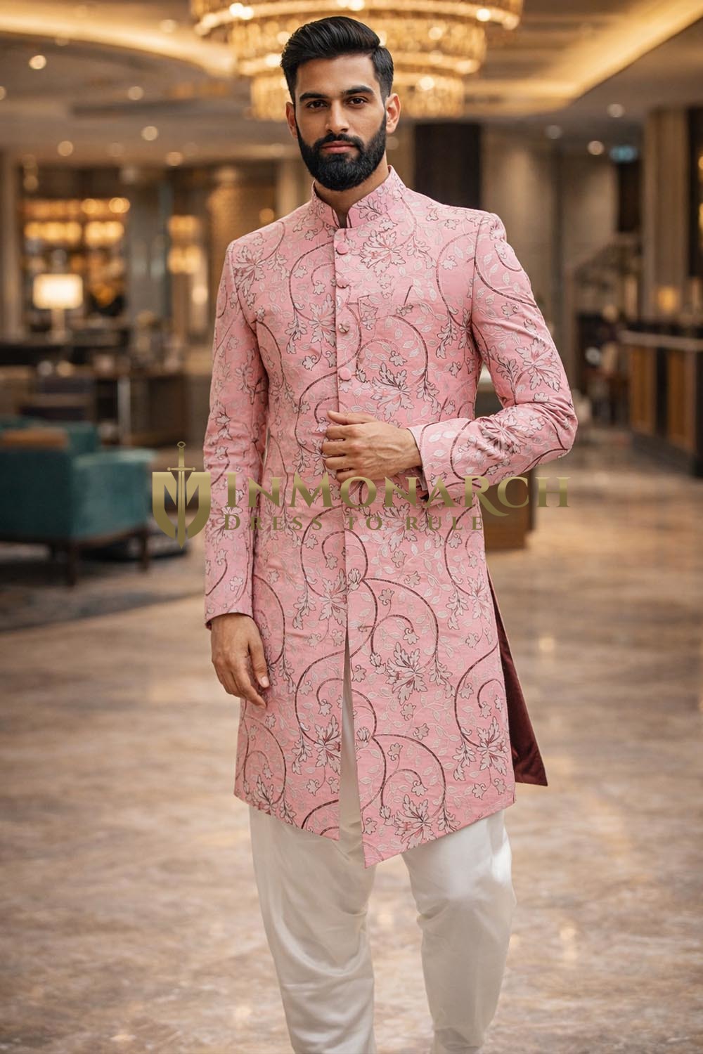 Traje Jodhpuri Bordado Hilo Rosa