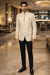 Mens Ivory Jute 3 Pc Jodhpuri Suit Wedding