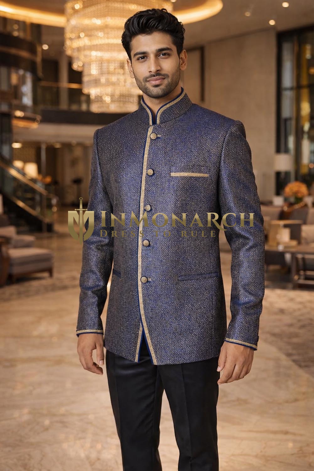Mens Dark Navy Jodhpuri Suit 2 Pc Nehru Collar Wedding Outfit Black