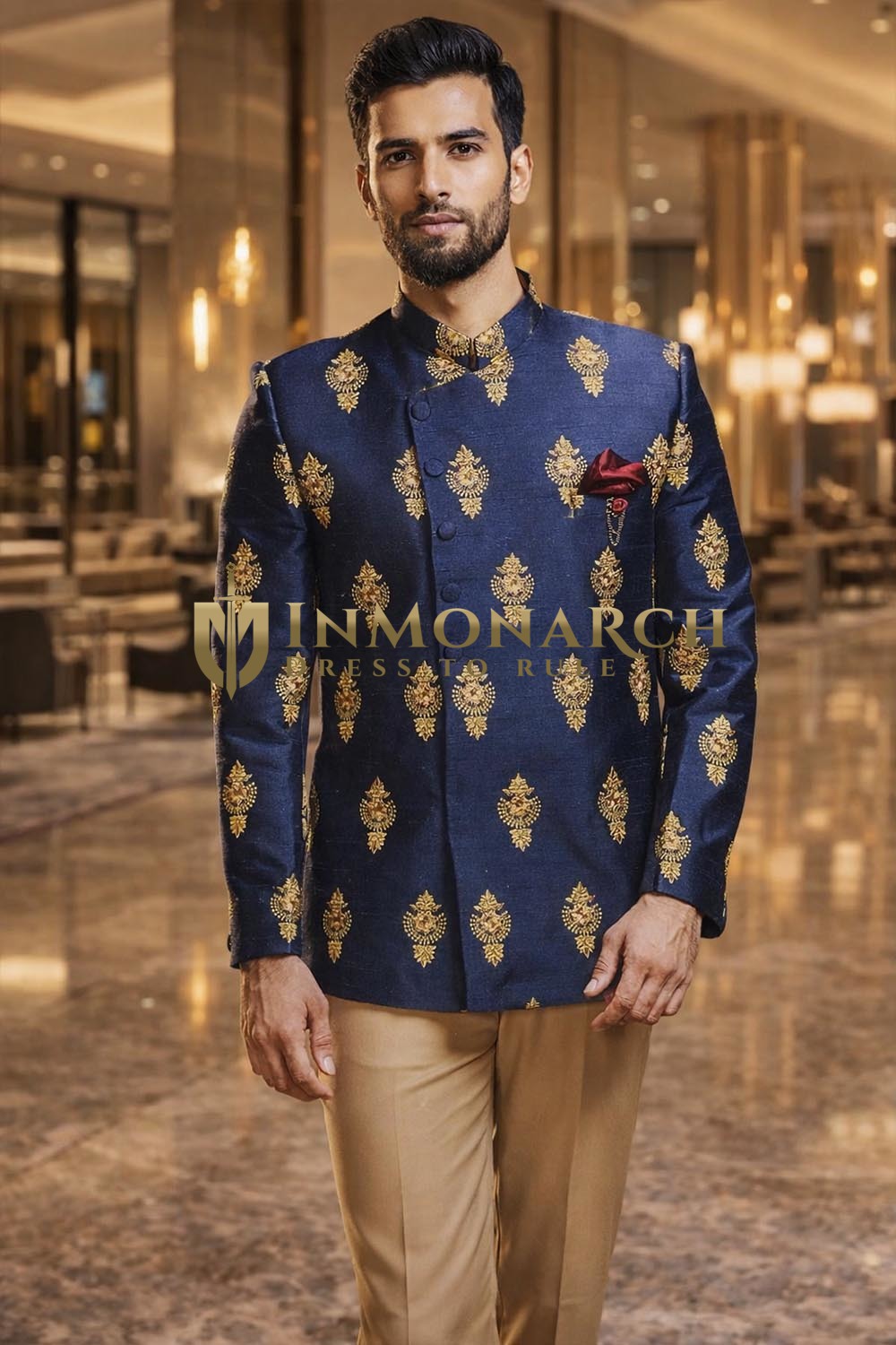 Mens Navy Embroidered Jodhpuri Suit 4 Pc Nehru Collar Wedding Outfit
