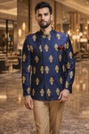 Mens Navy Embroidered Jodhpuri Suit 4 Pc Nehru Collar Wedding Outfit
