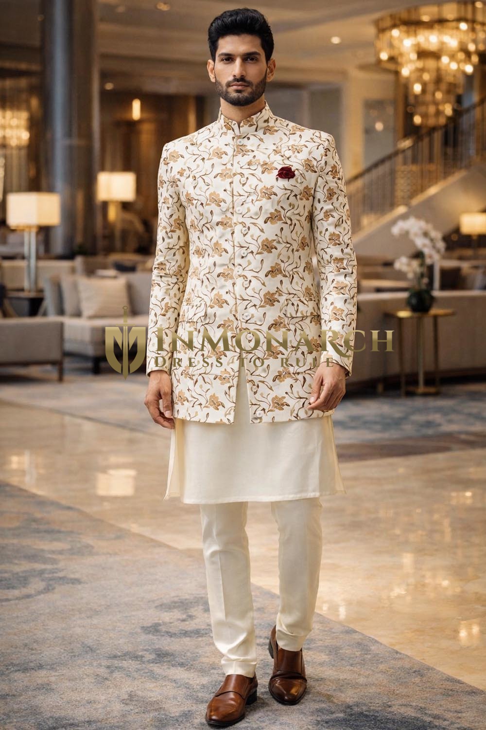 Mens Cream Sherwani 3 Pc Embroidered Groom Wedding Outfit Traditional