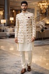 Mens Cream Sherwani 3 Pc Embroidered Groom Wedding Outfit Traditional