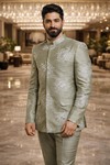 Mens Olive Jodhpuri Suit 2 Pc Floral Embroidered Wedding Outfit